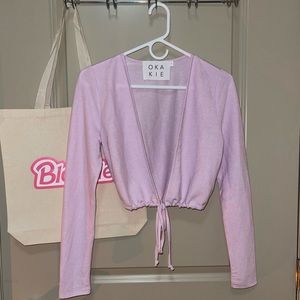 Workhall Pink V Neck Cardigan with Tie Up @ Bottom